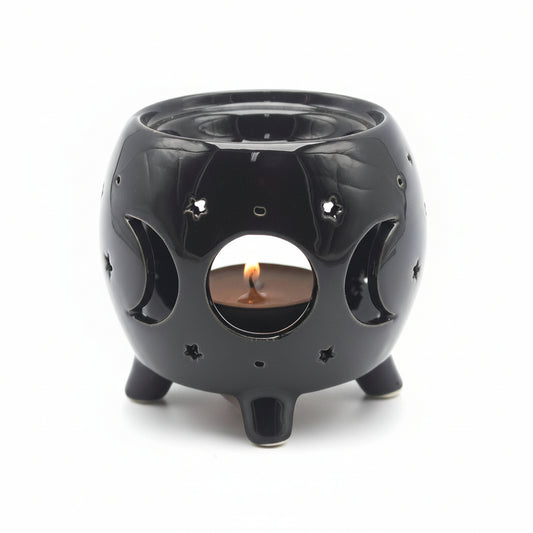 Juodas keramikinis aliejaus degiklis su Mėnulio fazėmis ir žvaigždėmis