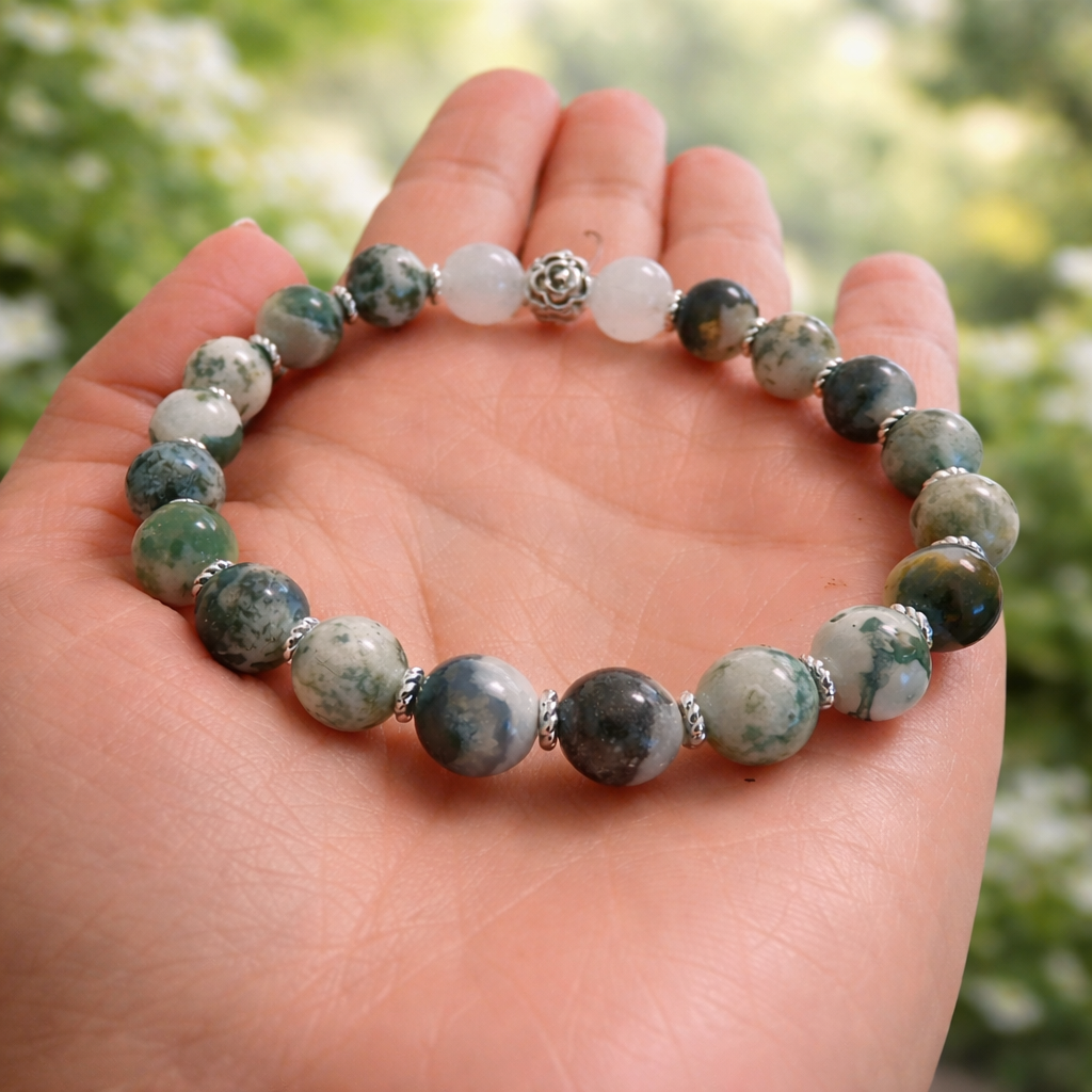 Medžio agato ir mėnulio akmens apyrankė 8 mm