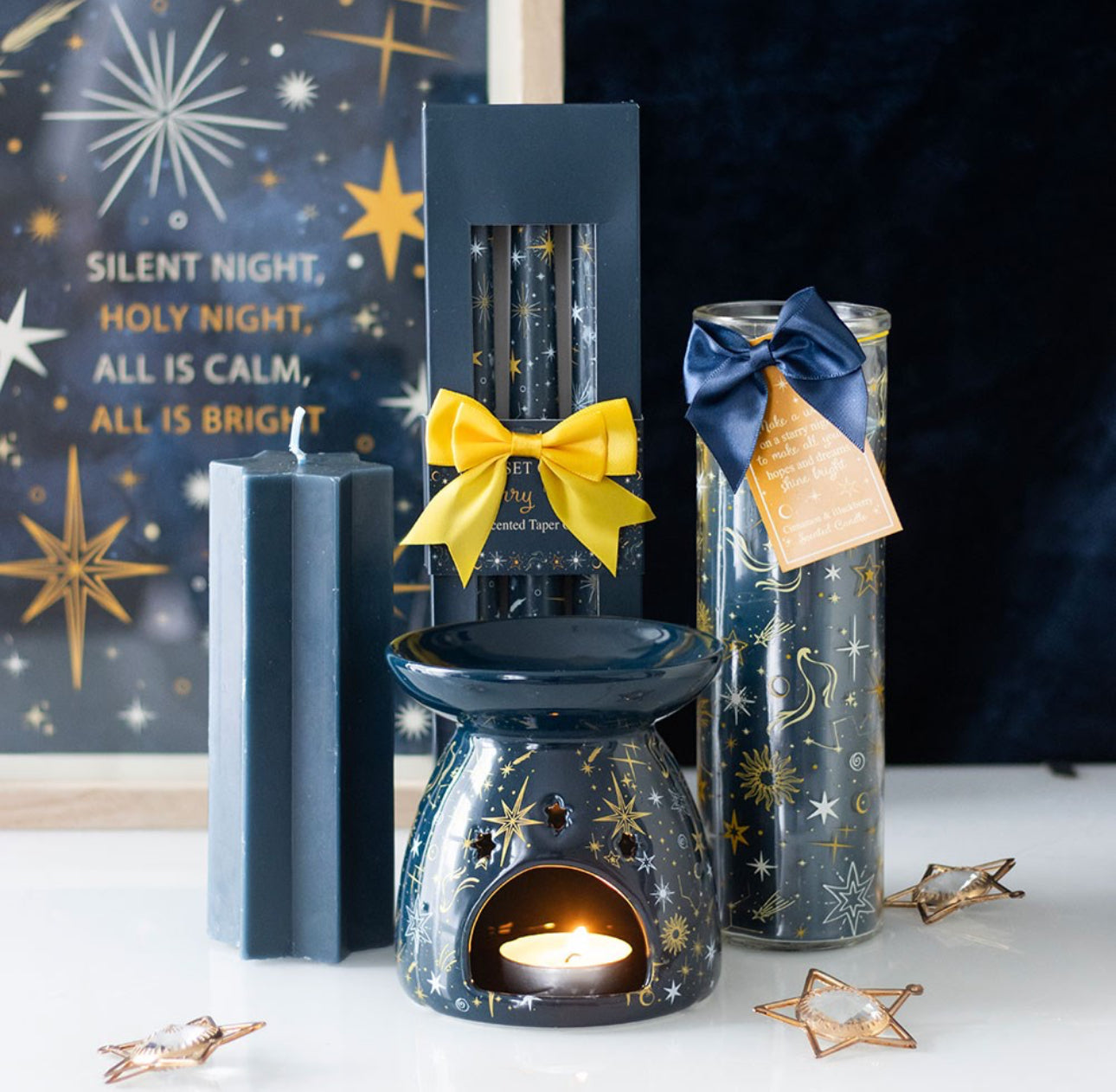 Mėlynas žvaigždėtos nakties aliejaus degiklis ir vaško šildytuvas