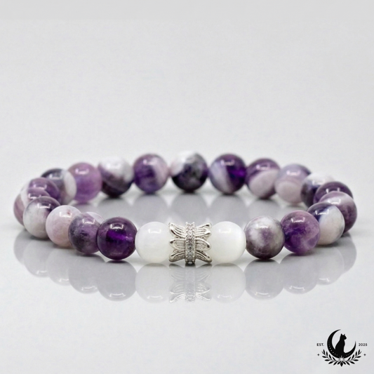 Ševrono ametisto ir mėnulio akmens apyrankė 8 mm